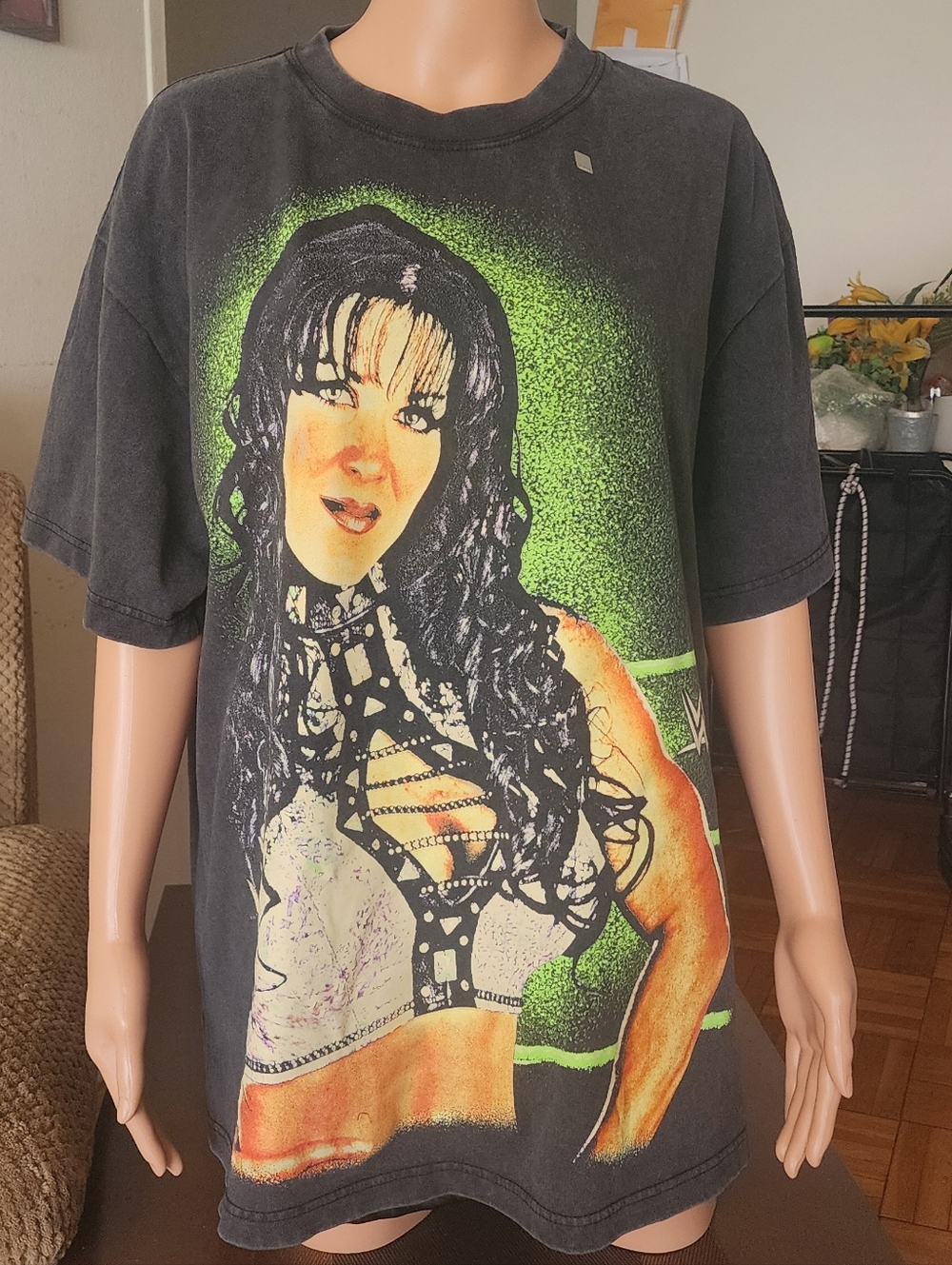 Chyna WWF WWE Legend Era Ripple Junction Black Graphic Tee with Neon Green